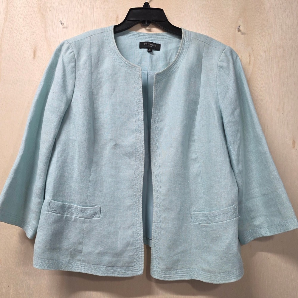 Talbots Petites 16P Light Blue 100% Linen Collarless Open Front Blazer Jacket